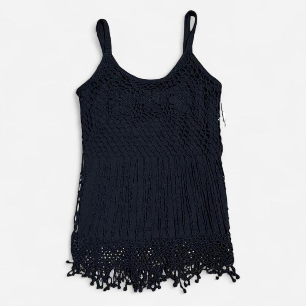 NWT Y2K Dolce Cabo Black Floral Crochet Dark Feminine Tassel Fringe Cami Top - Picture 5 of 8